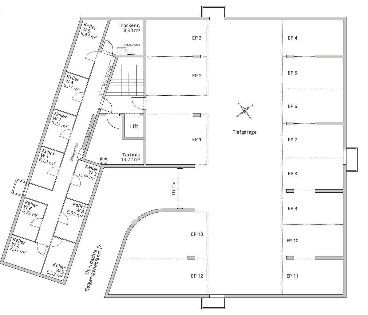 Grundriss der Tiefgarage mit individuellen Kellerabteilen, Technikraum und Aufzug.