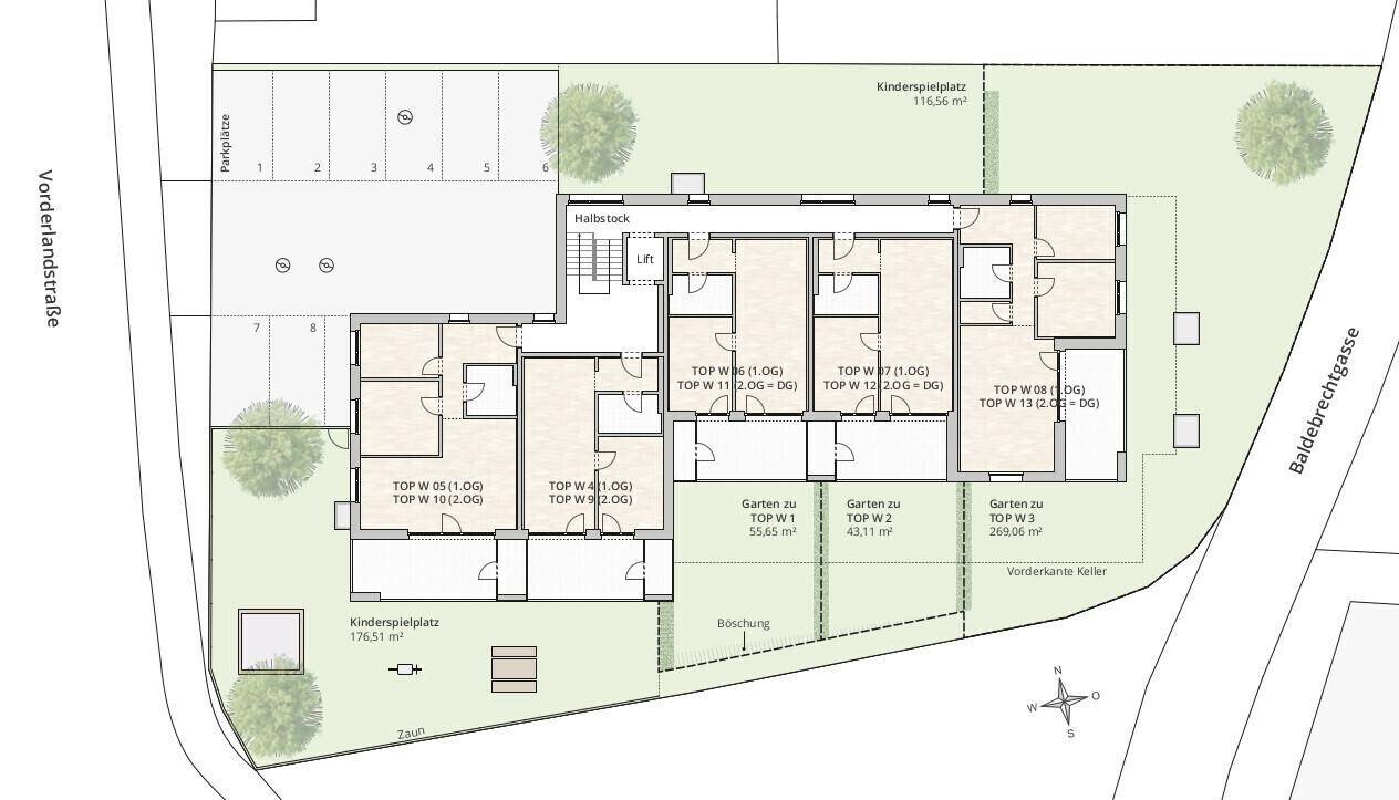 Grundriss der Obergeschosse mit Wohnungen, Parkplätzen, Fahrradraum und Kinderspielplatz.