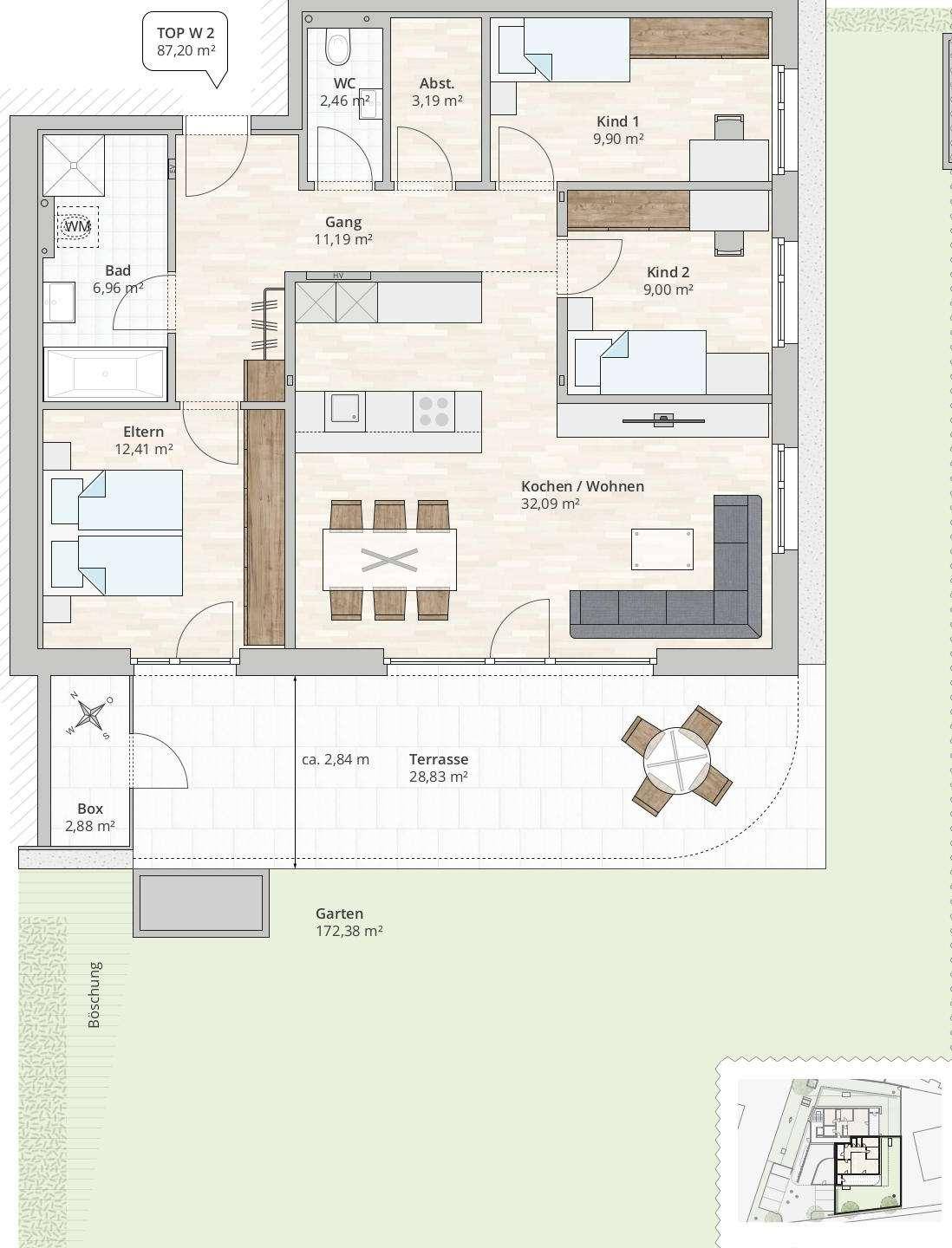 Detaillierter Grundriss einer Wohnung mit offenem Wohnbereich, zwei Schlafzimmern, Terrasse und Garten.