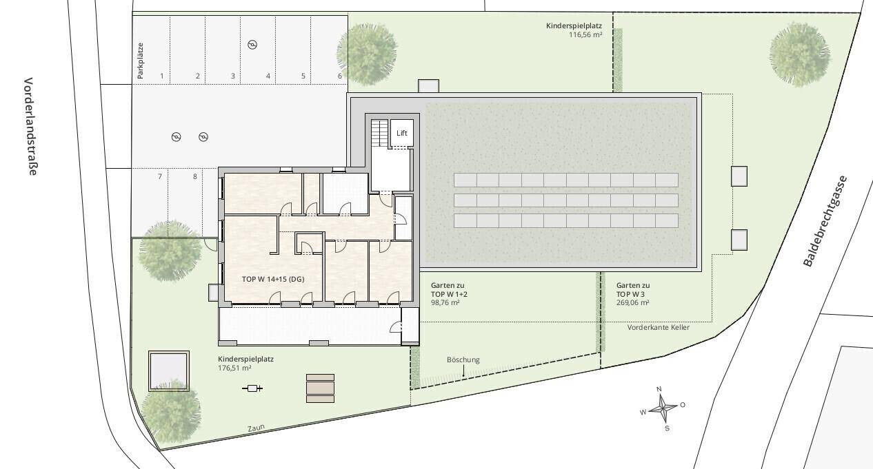 Grundriss des Dachgeschosses mit Wohnungen, Parkplätzen, Fahrradraum und Kinderspielplatz.