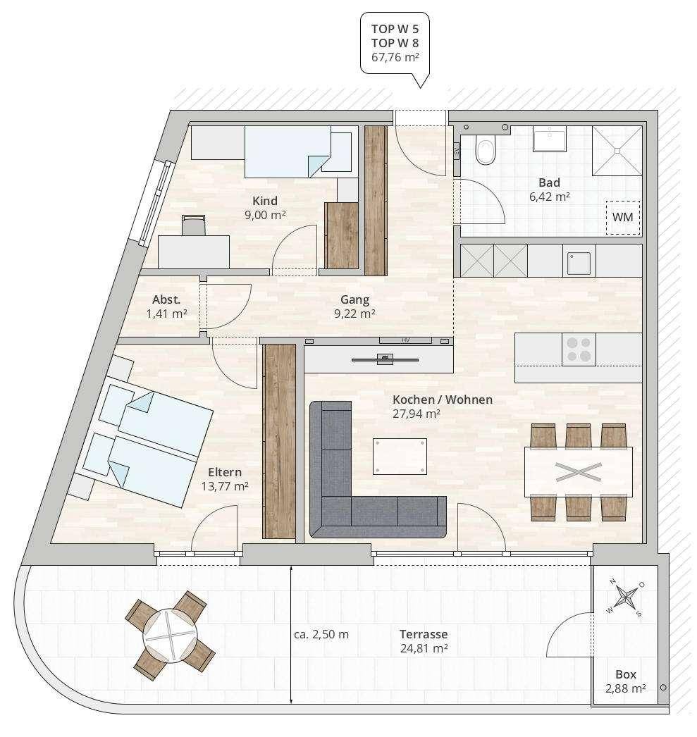 Grundriss einer Wohnung mit offener Küche, zwei Schlafzimmern und großer Terrasse.
