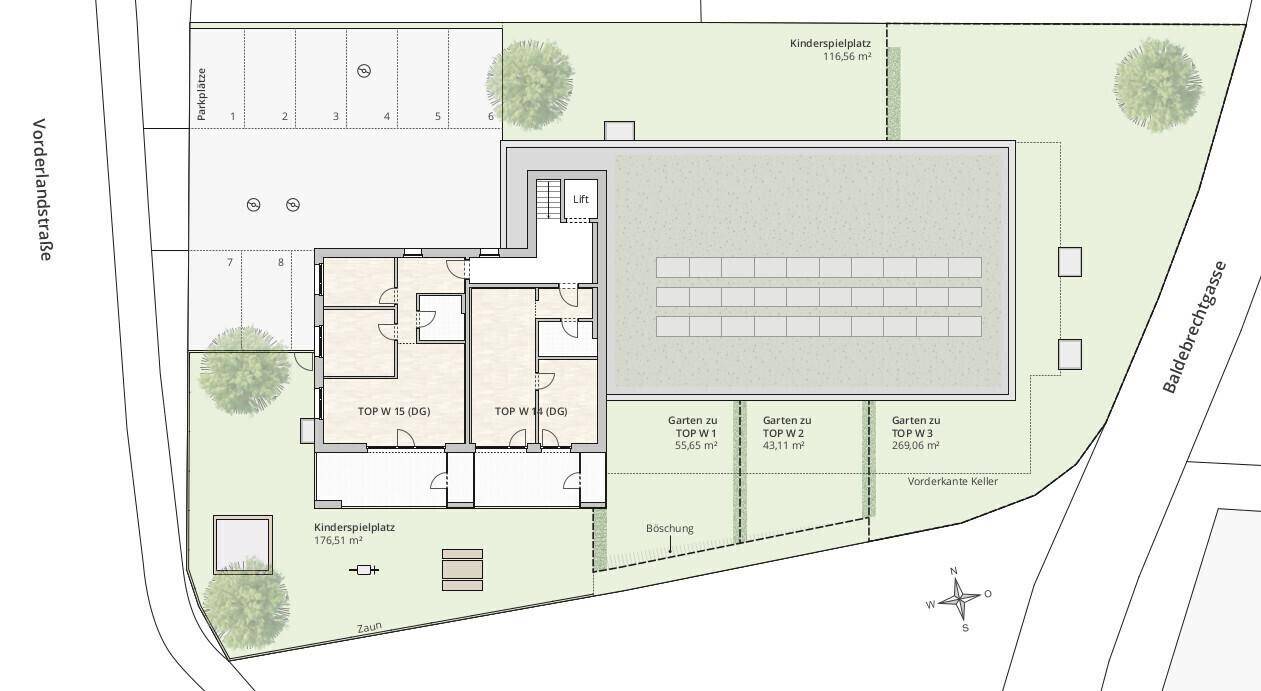 Grundriss des Dachgeschosses mit Wohnungen, Parkplätzen, Fahrradraum und Kinderspielplatz.