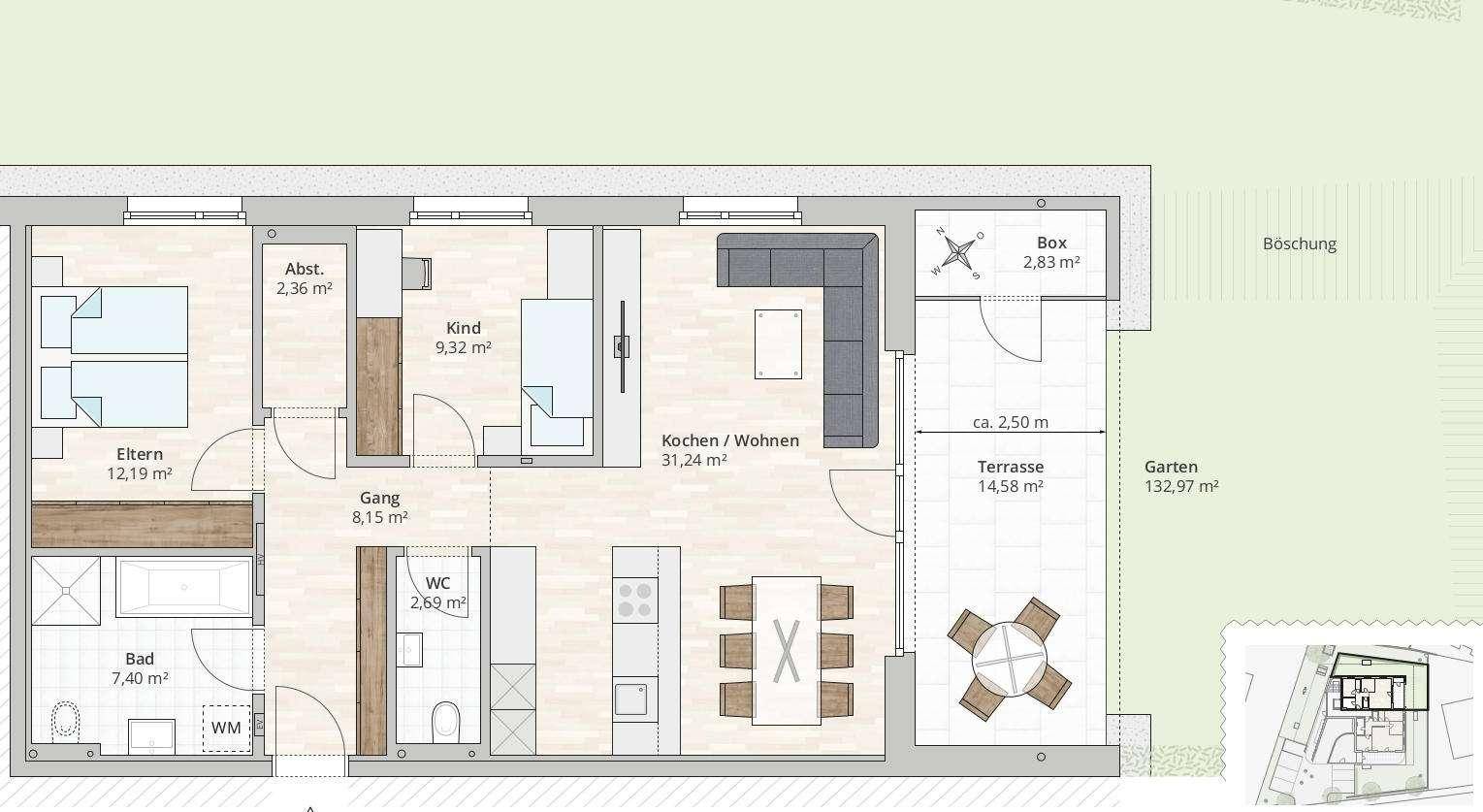 Grundriss einer Erdgeschosswohnung mit Terrasse, Garten und drei Schlafzimmern.