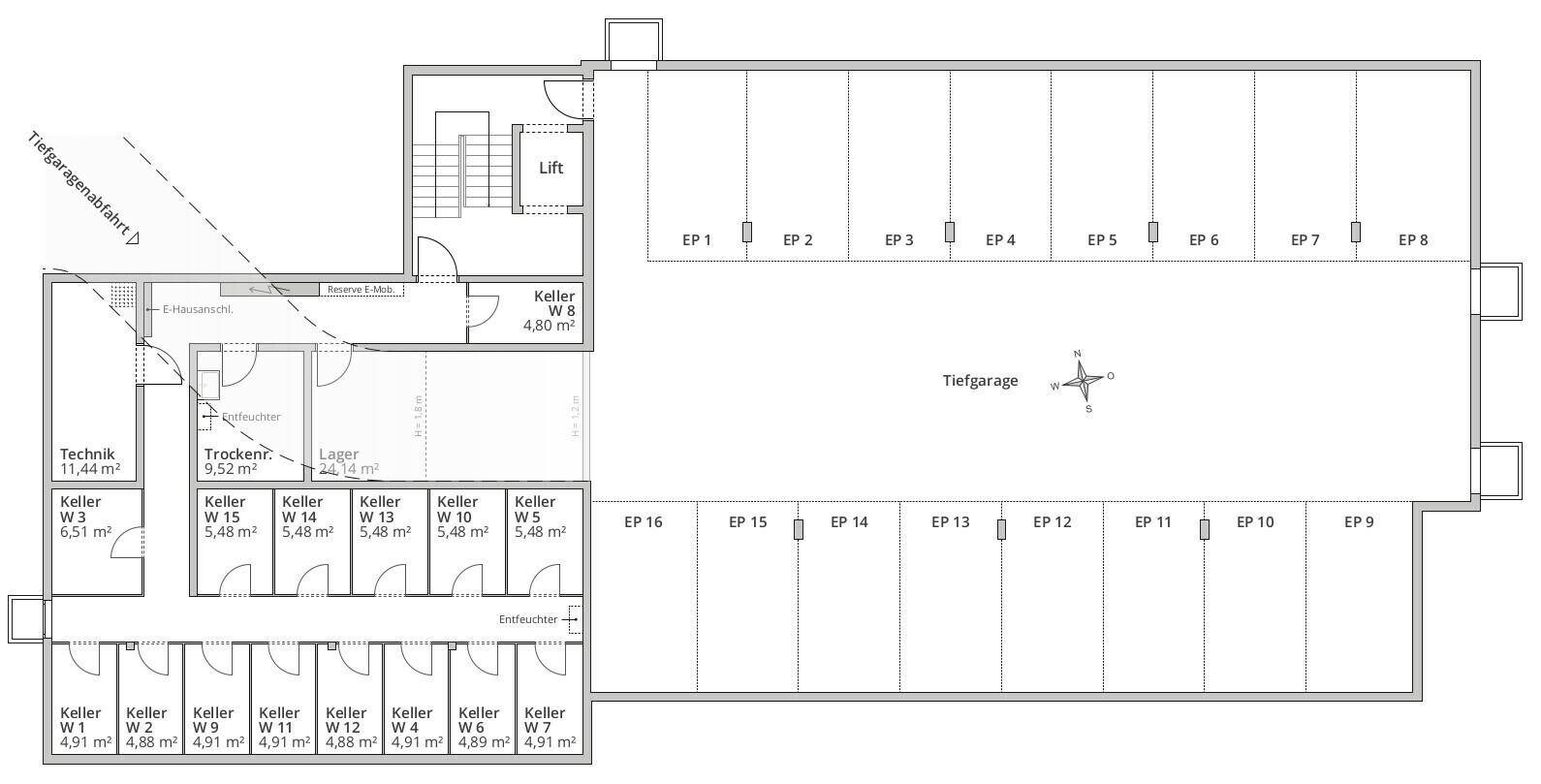 Grundriss der Tiefgarage und Kellerräume mit Aufzugzugang und Technikraum.