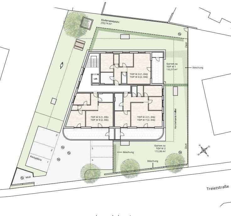 Grundriss des Obergeschosses mit mehreren Wohnungen und großzügigen Balkonen.