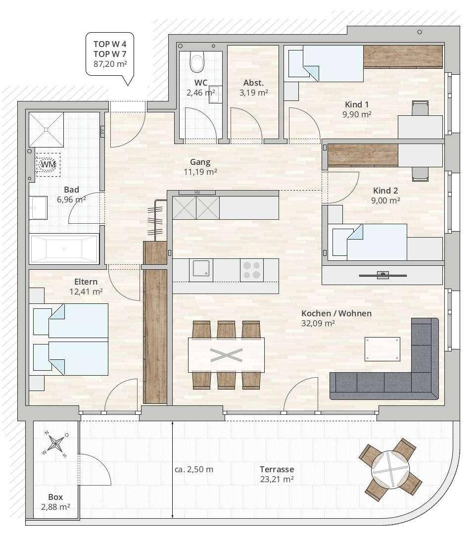 Detaillierter Grundriss einer Wohnung mit drei Schlafzimmern, offener Küche und großer Terrasse.