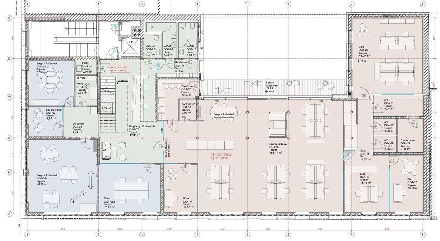 Detaillierter Grundriss eines Bürogebäudes mit verschiedenen Arbeitsbereichen und Besprechungsräumen.