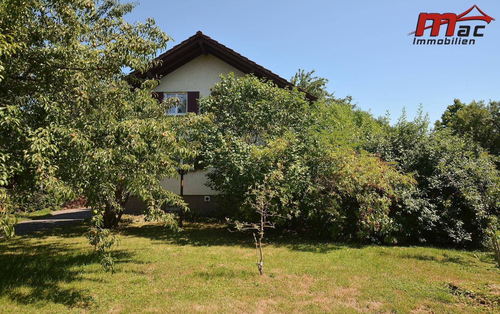 Seitlicher Blick auf das Haus mit gepflegtem Rasen und üppiger Bepflanzung im Garten.