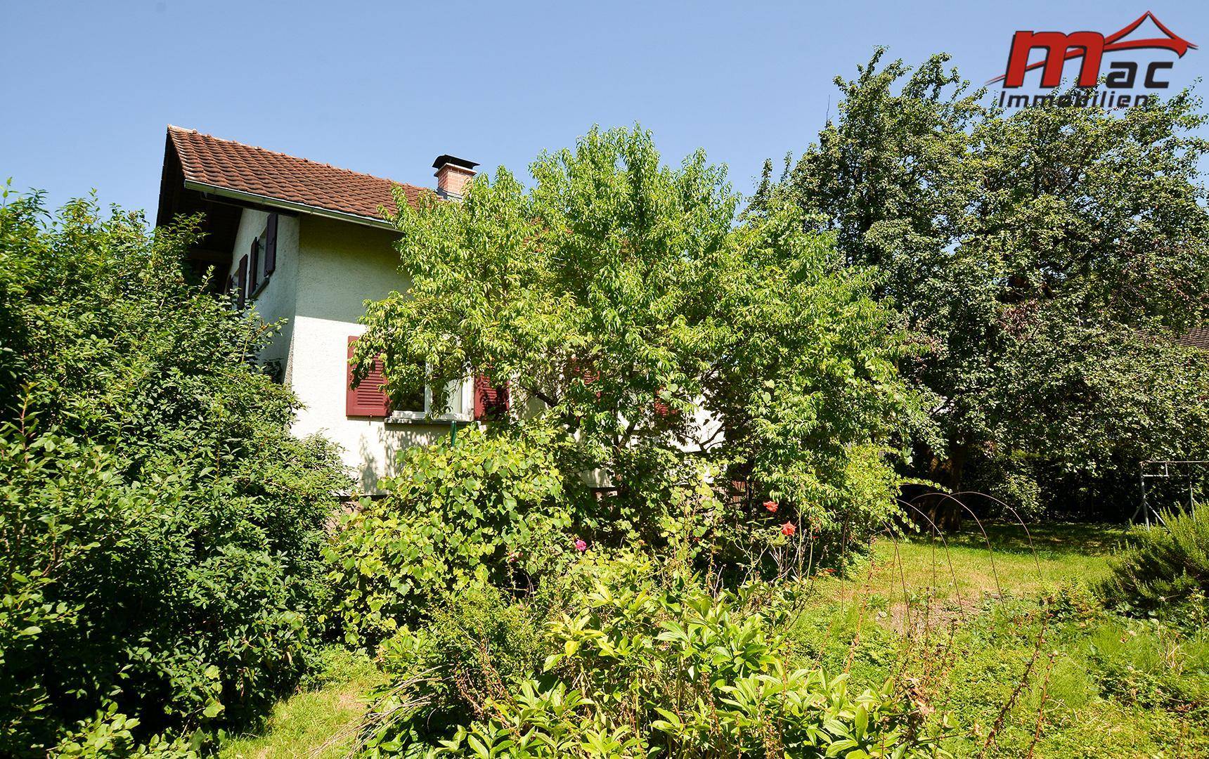 Das Haus ist von einem grünen Garten mit verschiedenen Bäumen und Sträuchern umgeben.
