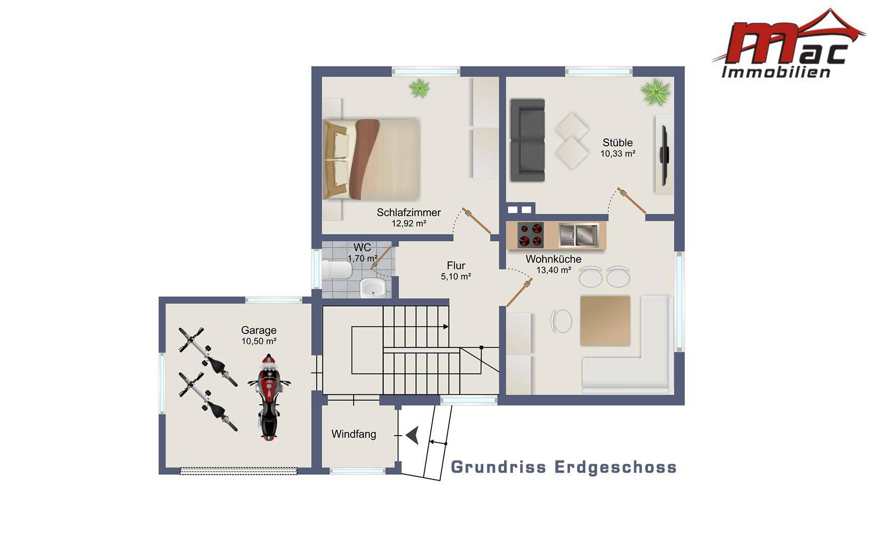 Grundriss des Erdgeschosses mit Schlafzimmer, WC, Wohnküche, Stube und Garage.