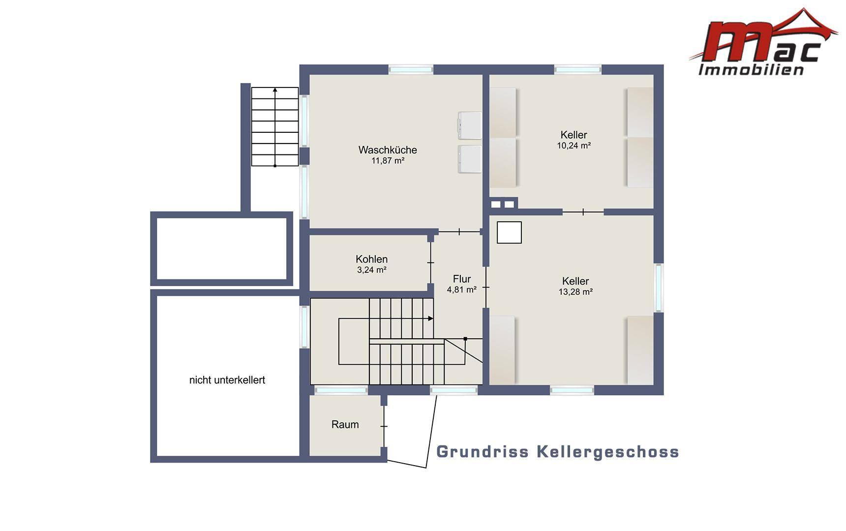 Grundriss des Kellergeschosses mit Waschküche, Kellerräumen und Flur.