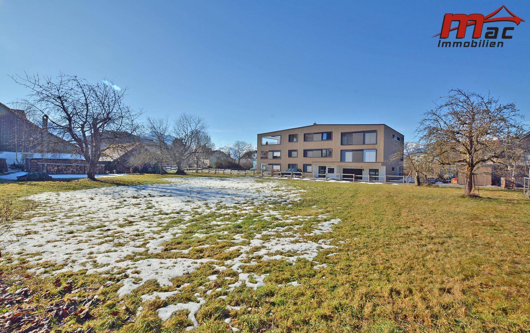 Sonniges Grundstück mit Gras und Schneeresten, im Hintergrund ein modernes Gebäude und Berge.