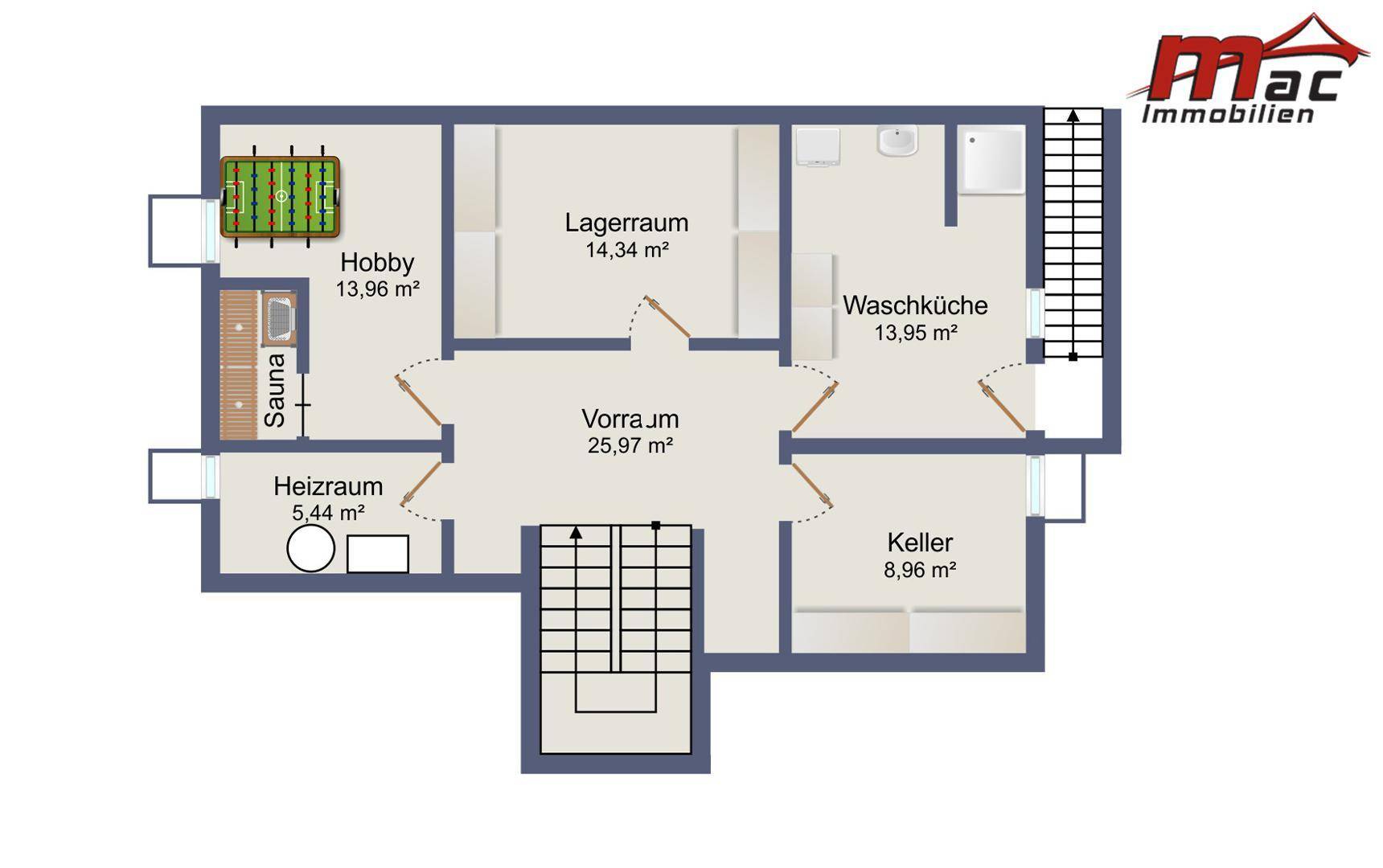 Grundriss des Untergeschosses mit Hobbyraum, Lagerraum, Waschküche und Sauna.