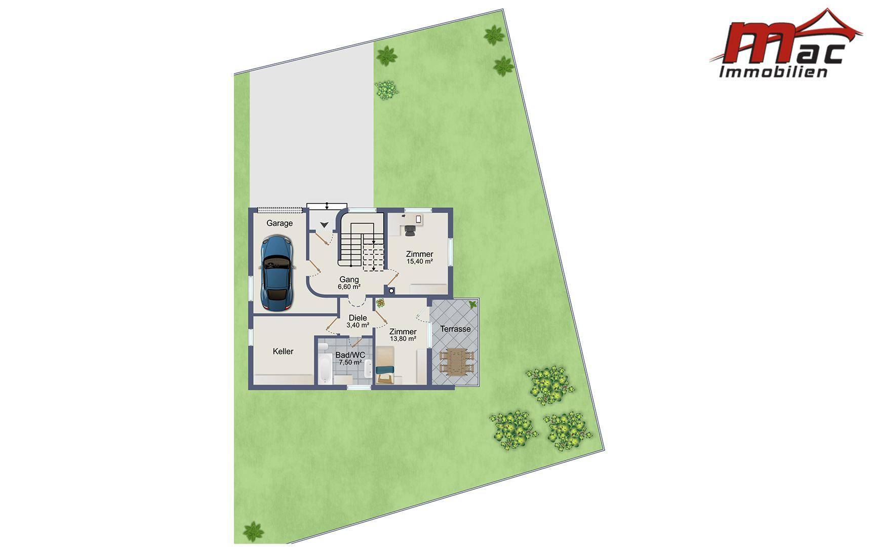Grundriss des Erdgeschosses mit Garage, Keller, Zimmern und Zugang zur Terrasse.