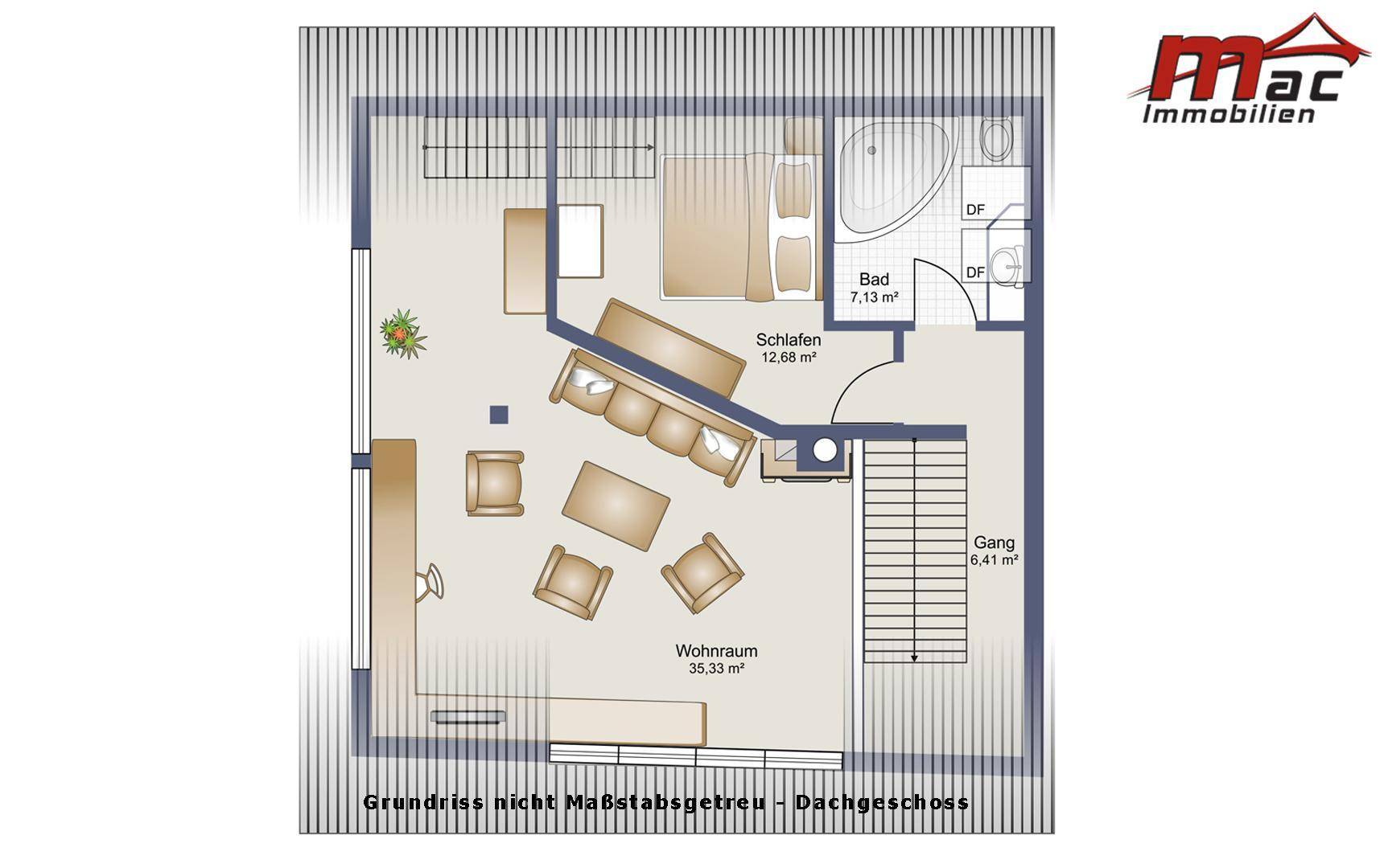 Grundriss des Dachgeschosses mit Schlafzimmer, Wohnzimmer und Badezimmer mit Badewanne.