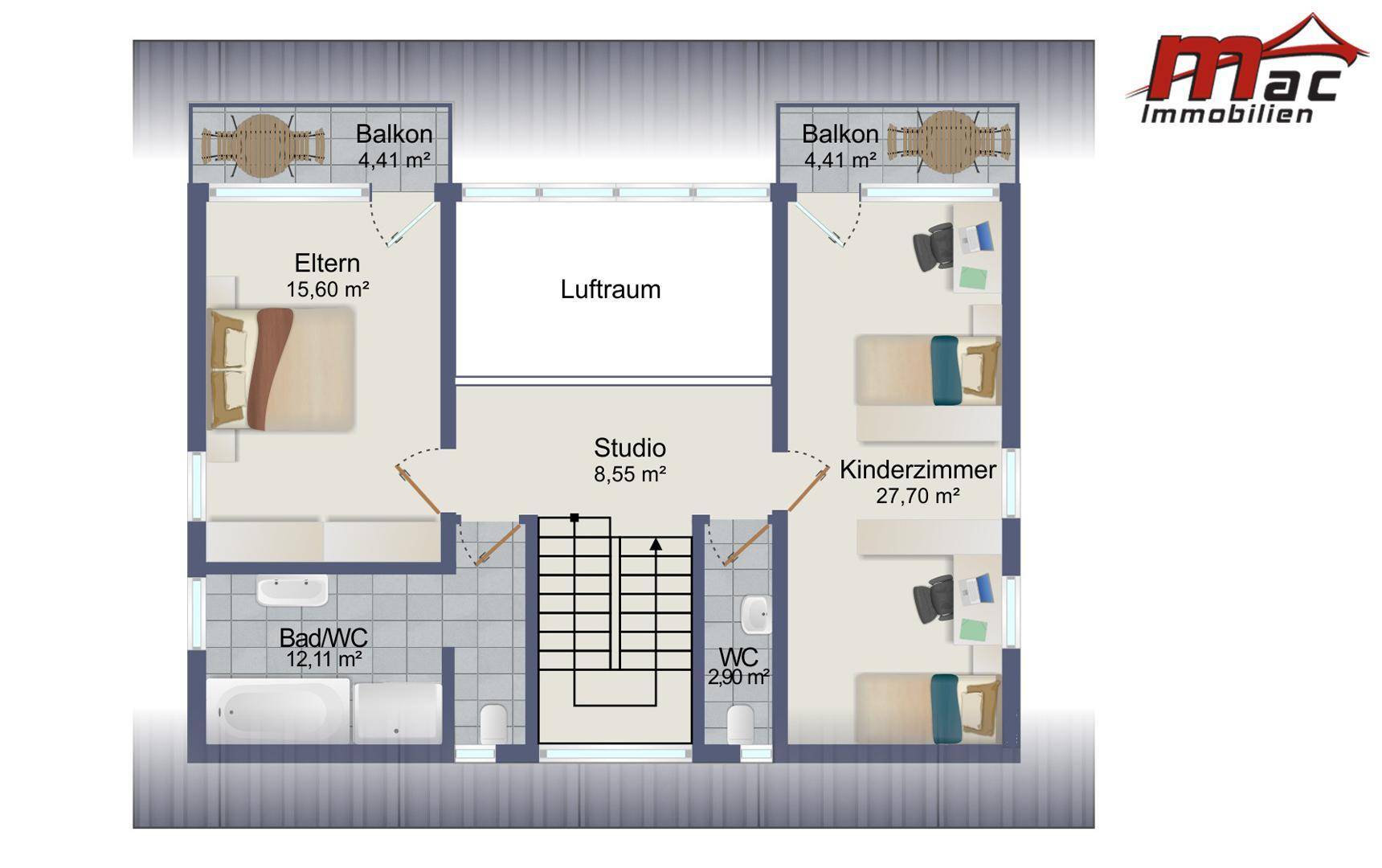 Grundriss des Obergeschosses mit Schlafzimmern, Kinderzimmern, Bad und Balkonen.