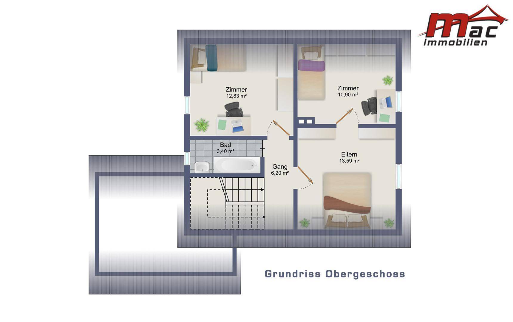 Grundriss des Obergeschosses mit drei Zimmern, einem Badezimmer und einem Gang.