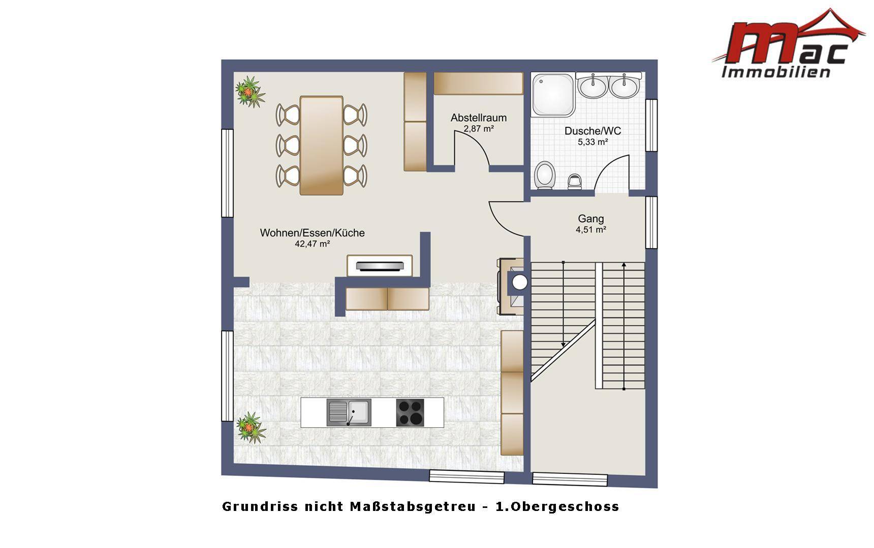 Grundriss des ersten Obergeschosses mit offenem Wohn-, Ess- und Küchenbereich sowie Duschbad.