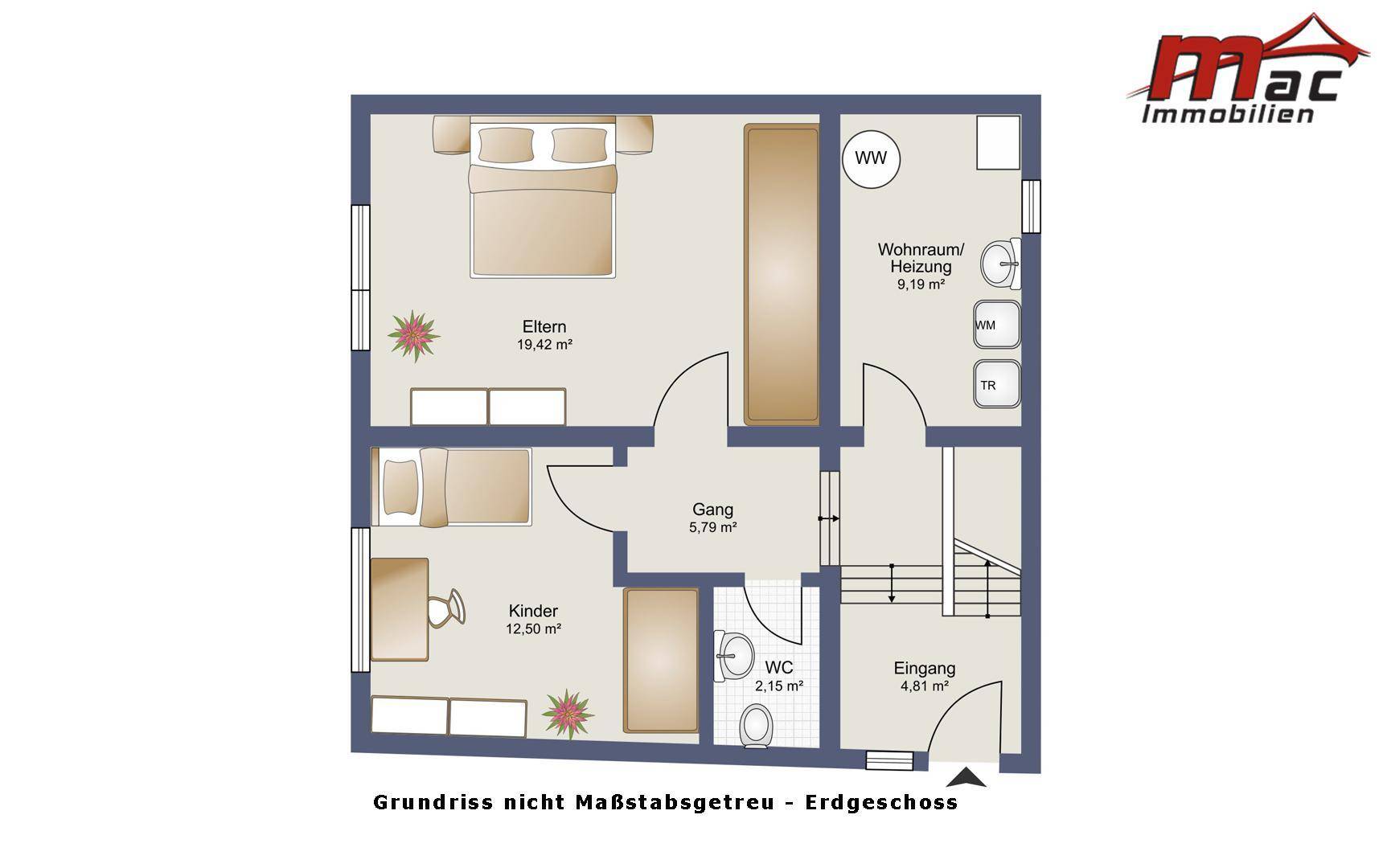 Grundriss des Erdgeschosses mit zwei Schlafzimmern, einem WC und einem Wohn-/Heizungsraum.