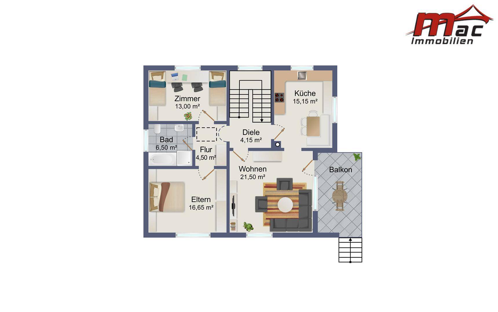 Grundriss des Obergeschosses mit Küche, Wohnzimmer, Schlafzimmern und Balkonzugang.