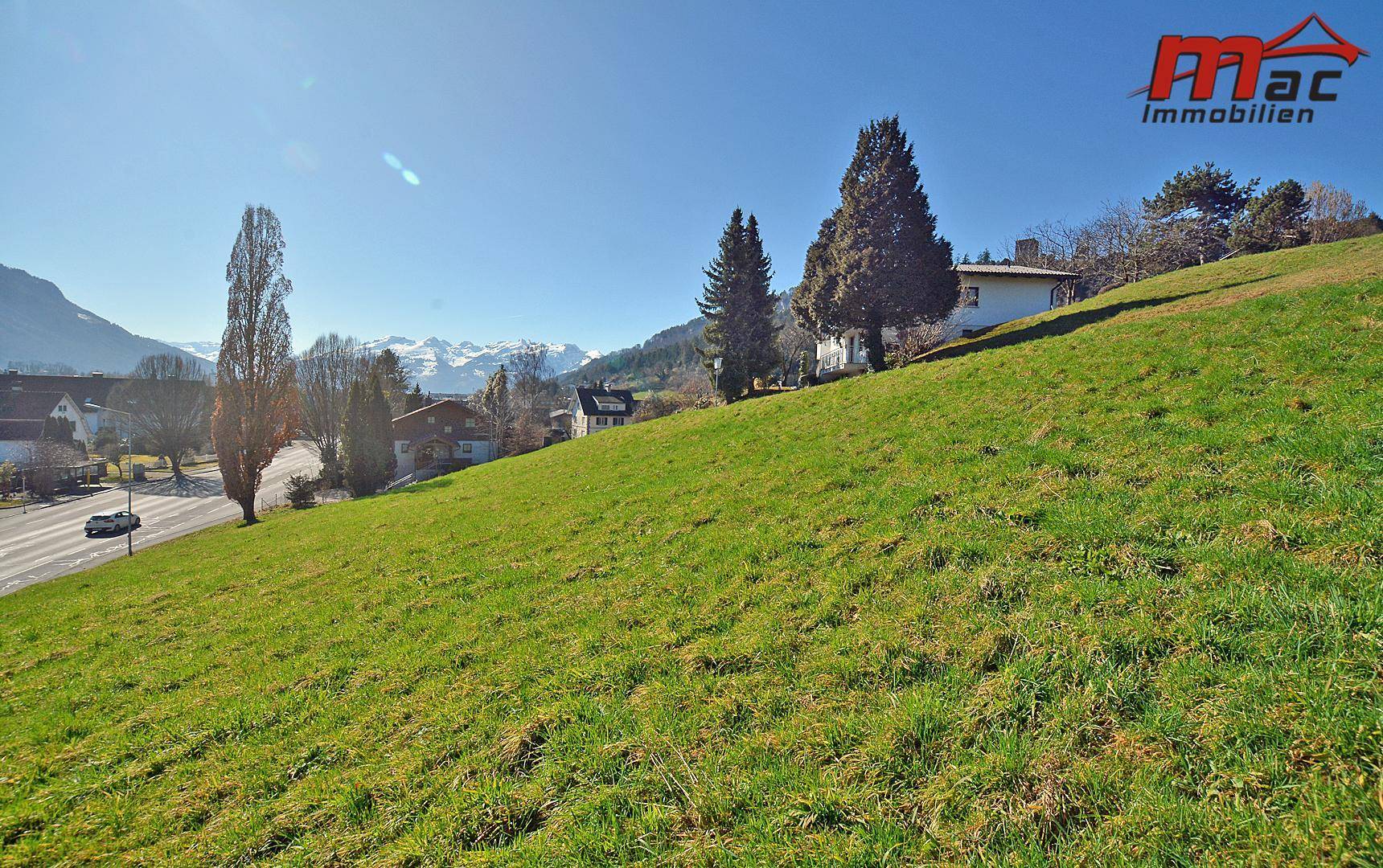 Sonnige Hanglage mit grüner Wiese, vereinzelten Bäumen und einem malerischen Blick auf die umliegende Bergwelt.