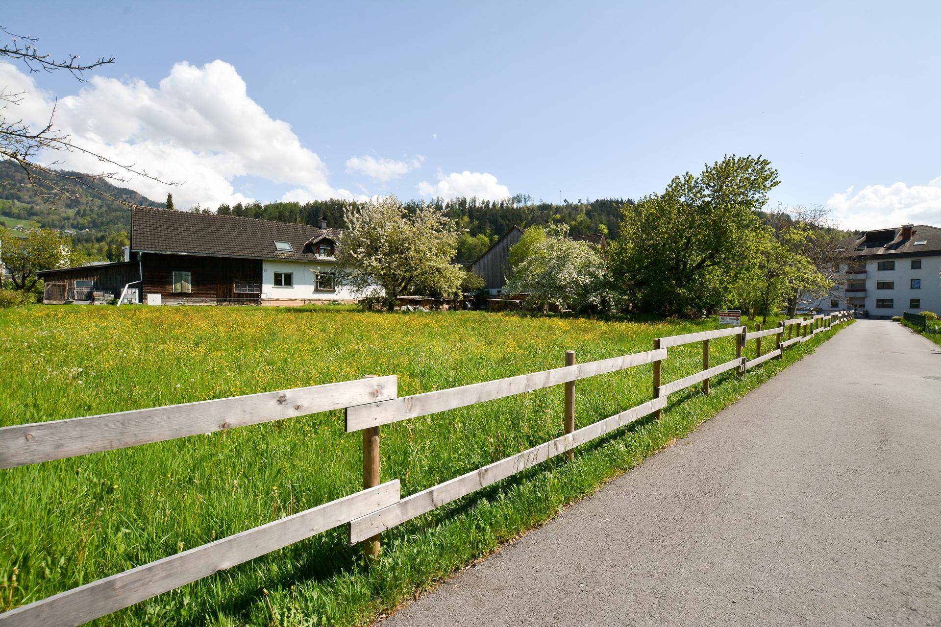 Ländliche Szene mit einem Holzzaun entlang einer Straße, grüner Wiese und Häusern im Hintergrund.