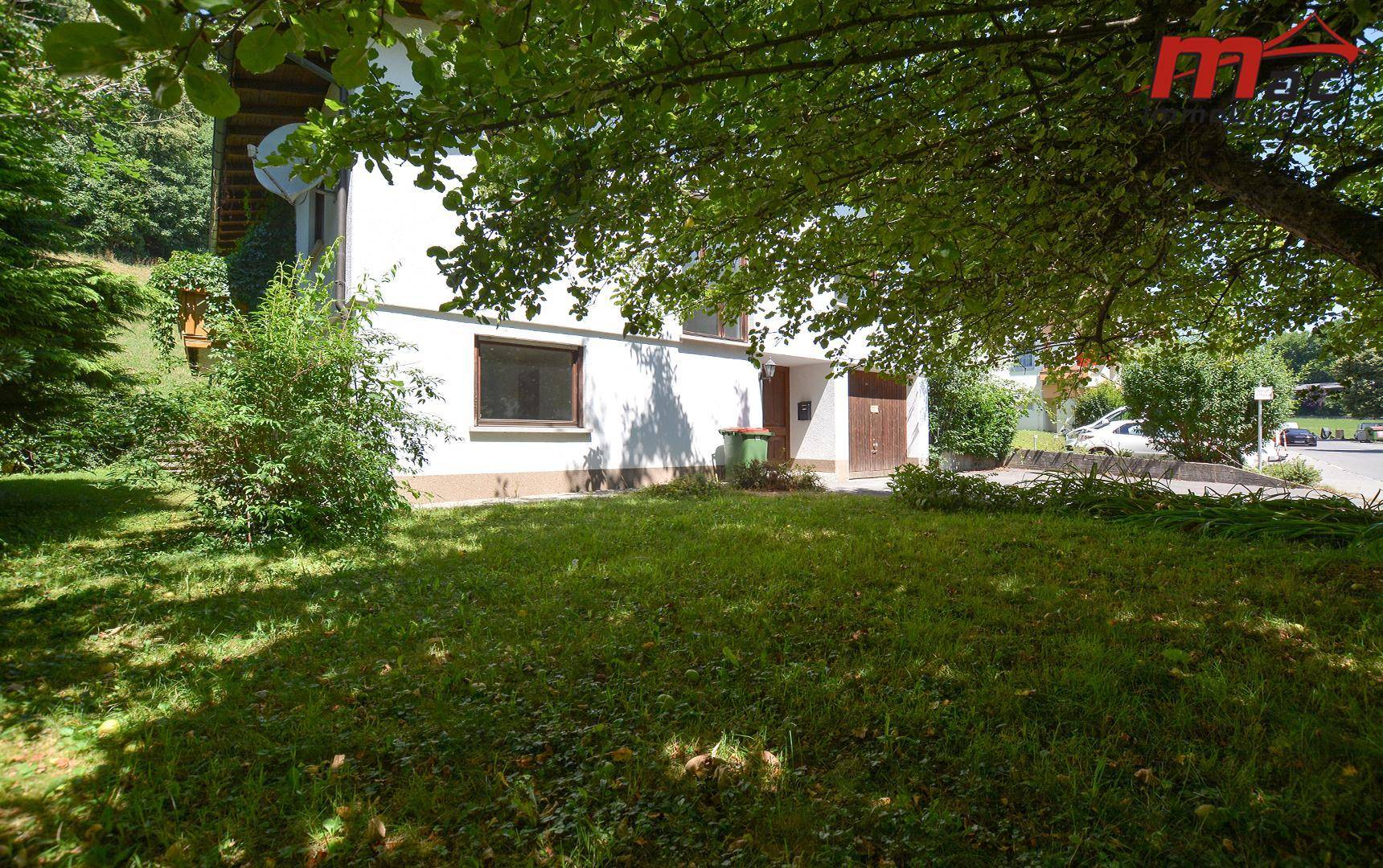 Vorderansicht des Hauses, teilweise von einem großen Baum verdeckt, mit gepflegtem Rasen.