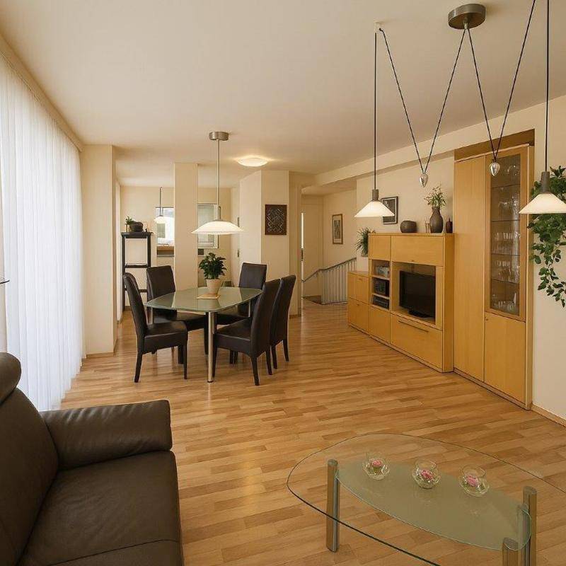 Geräumiger Wohn- und Essbereich mit Holzparkett, modernen Möbeln und viel Tageslicht.