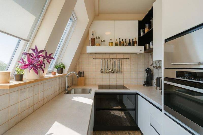 Moderne Küche mit Dachschrägen, weißen Schränken und integrierten Geräten unter einem Dachfenster.