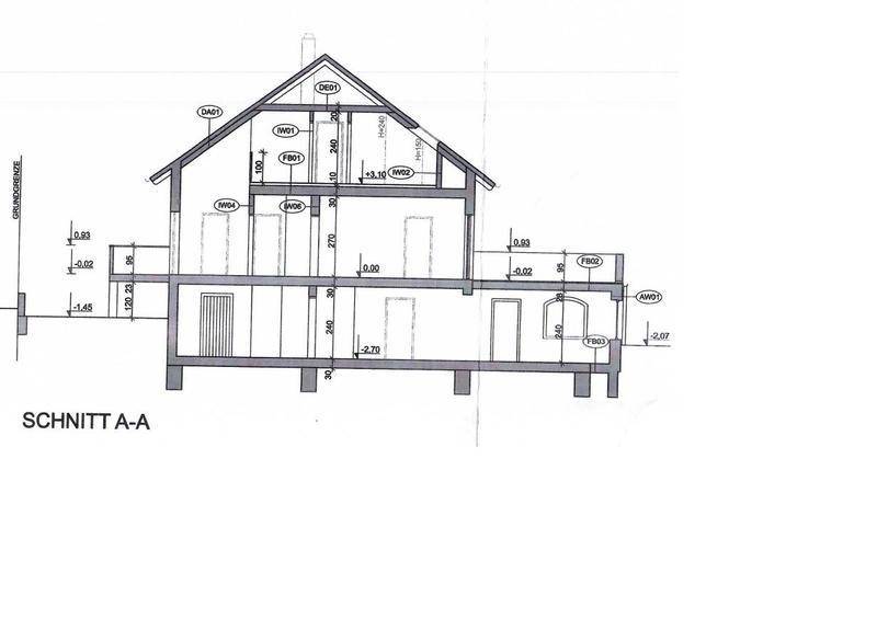 Schnittzeichnung des Gebäudes zeigt die verschiedenen Stockwerke und Dachkonstruktion.