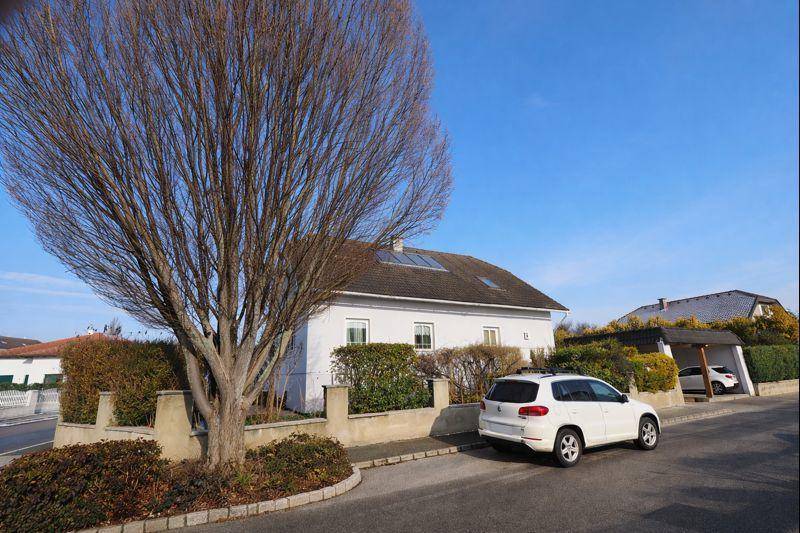 Ansicht des Wohnhauses mit Carport, Vorgarten und einem großen kahlen Baum im Winter.