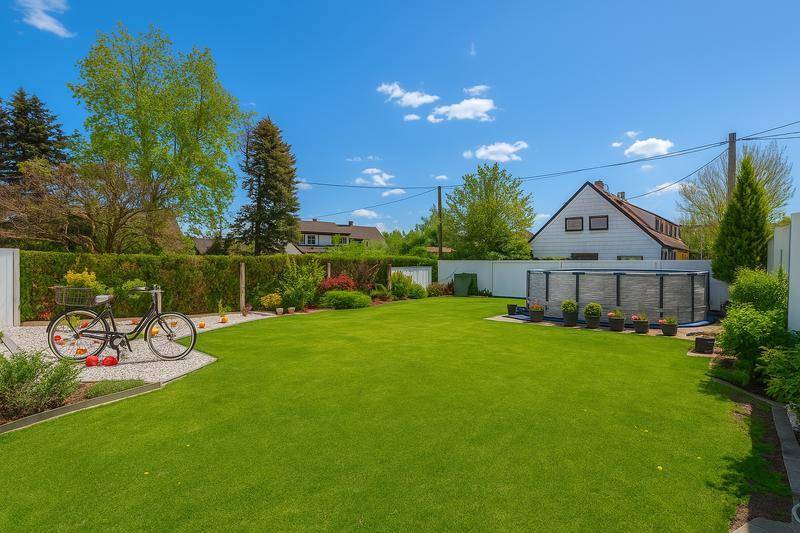 Großer, gepflegter Garten mit weitläufiger Rasenfläche, einem Aufstellpool und hohen Bäumen.