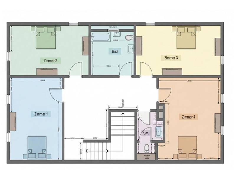Grundriss des Obergeschosses mit vier Zimmern, Badezimmer und separatem WC.