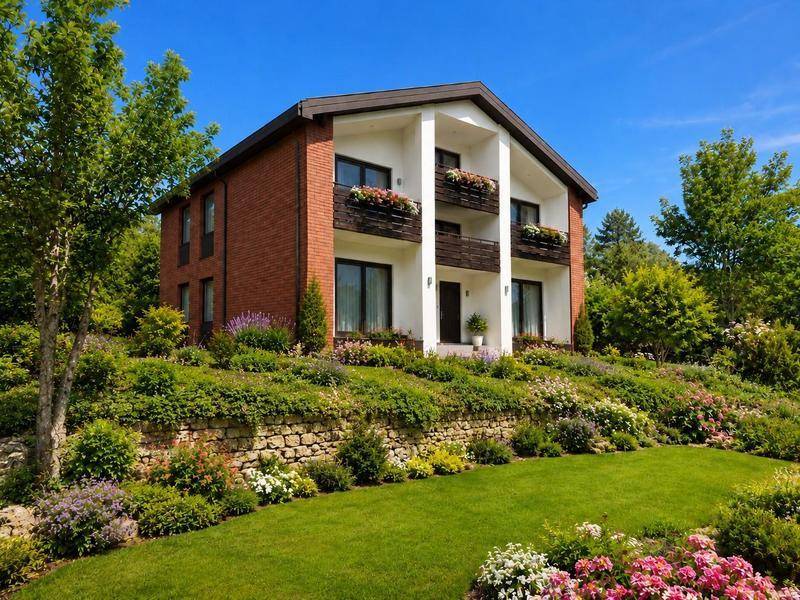 Gepflegter Gartenbereich mit blühenden Pflanzen und einem Haus mit Balkonen im Hintergrund.