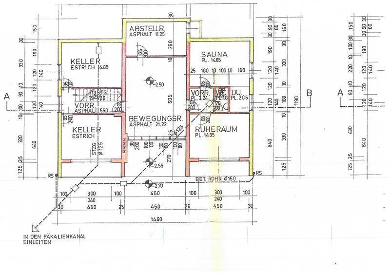 Grundriss des Untergeschosses mit Keller, Bewegungsraum, Sauna und Ruheraum.