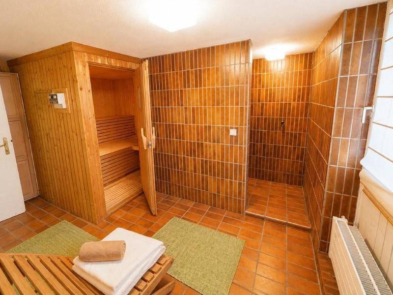 Entspannender Wellnessbereich mit Holzsauna und angrenzendem Duschbereich mit braunen Fliesen.