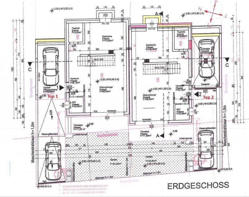 Grundriss des Erdgeschosses mit Wohnbereich, Terrasse, Garten und Carport.
