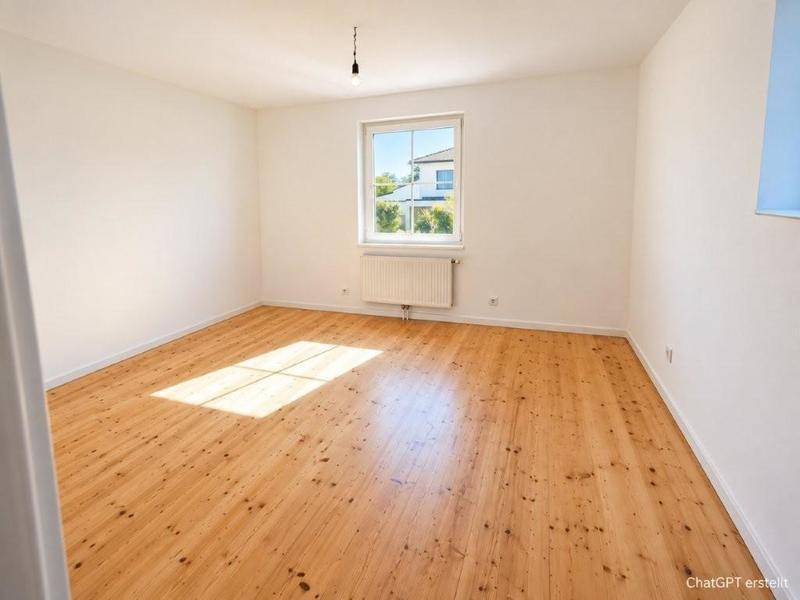 Geräumiges Schlafzimmer mit Holzdielenboden und einem großen Fenster, das viel Licht hereinlässt.