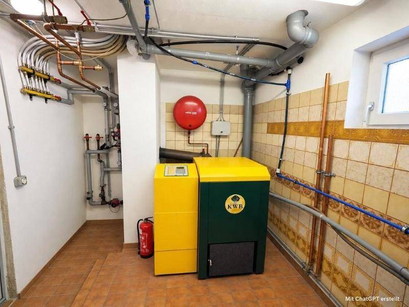Heizungsraum mit einem modernen Pelletkessel und sichtbaren Rohrleitungen.