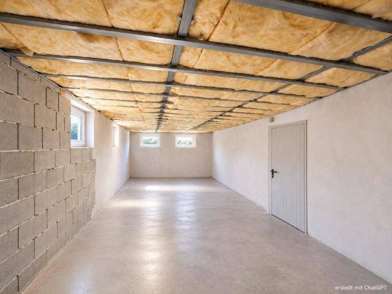 Heller Kellerraum mit Betonboden, kleinen Fenstern und sichtbarer Deckenisolierung.