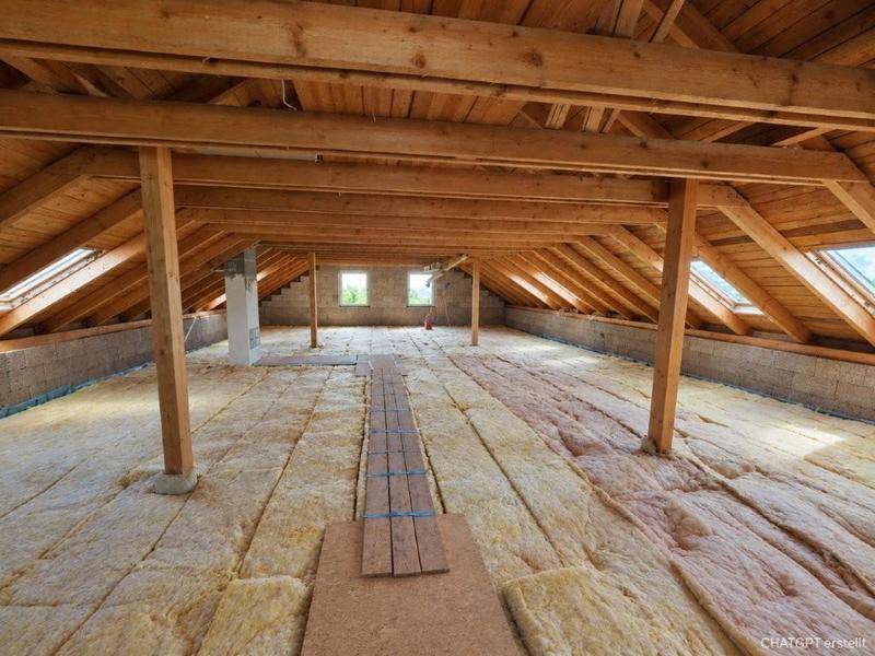 Ausbaufähiger Dachboden mit sichtbarer Holzkonstruktion, Isolierung und Dachfenstern.