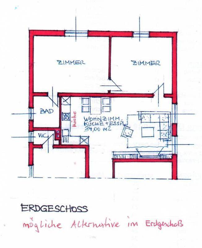 Grundriss des Erdgeschosses mit zwei Zimmern, Bad, WC und offenem Wohn-Essbereich mit Küche.