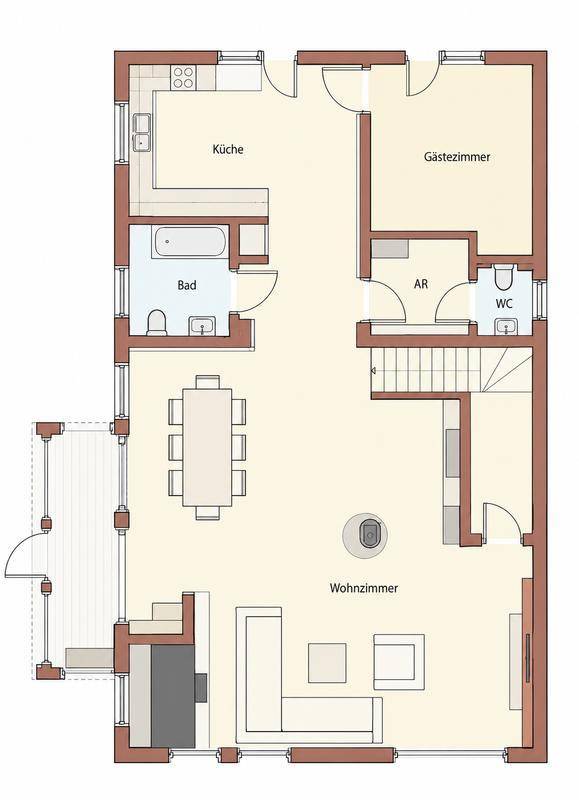 Grundriss des Erdgeschosses mit Küche, Wohnzimmer, Bad und Gäste-WC.