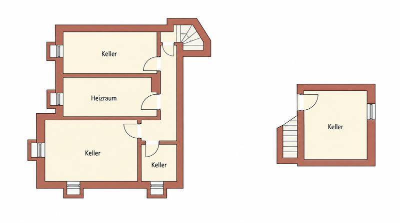 Grundriss des Kellers mit Heizraum und mehreren Abstellräumen.