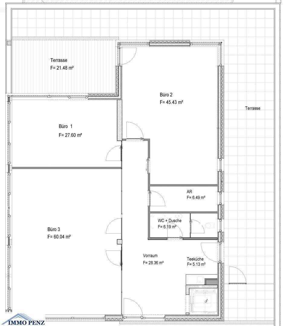 Detaillierter Grundriss mit drei Büroräumen, einer Teeküche, einem Vorraum und einer großen Terrasse.