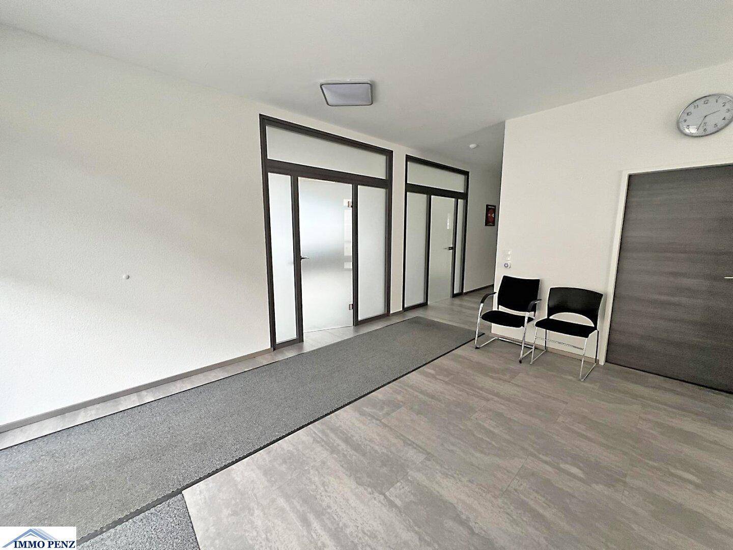 Heller Flur mit modernen Glastüren, die zu Büros führen, und einem Teppichläufer im Eingangsbereich.