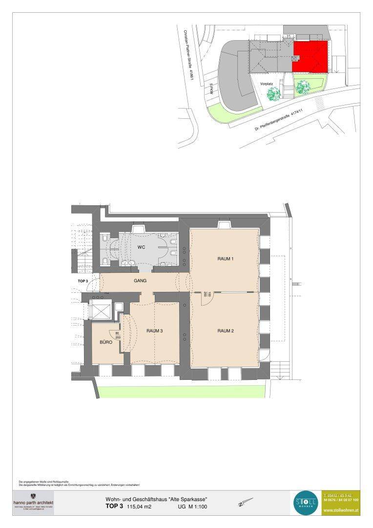 Grundriss eines Untergeschosses mit mehreren Räumen, WC und Büro, sowie einem Lageplan des Gebäudes.