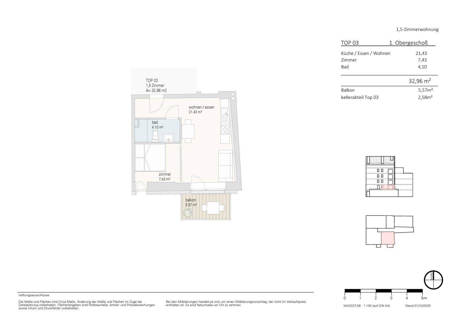 Grundriss einer 1,5-Zimmerwohnung im ersten Obergeschoss mit offenem Wohnbereich und Balkon.