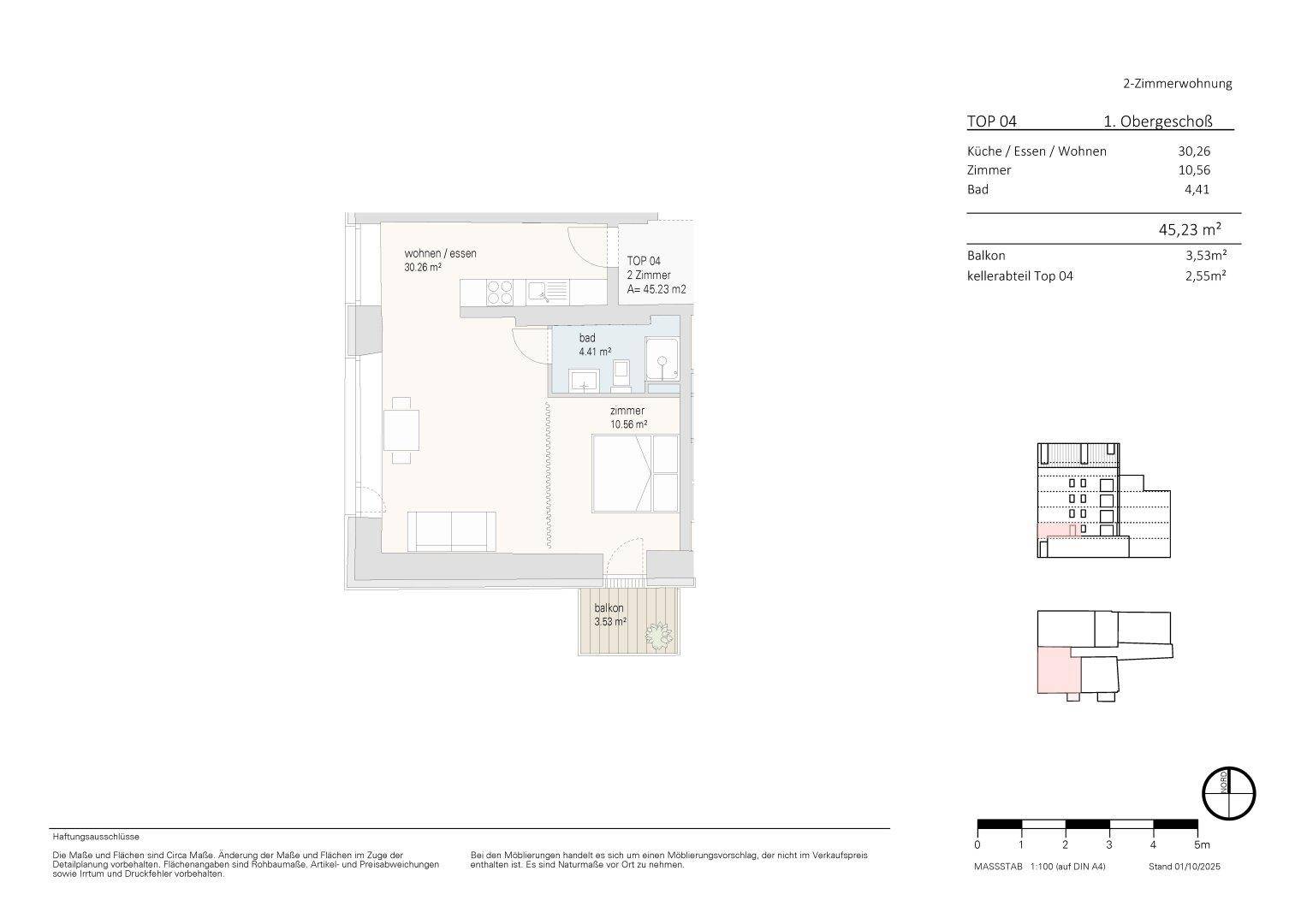 Grundriss einer 2-Zimmer-Wohnung mit offenem Wohnbereich, Schlafzimmer und Balkon.