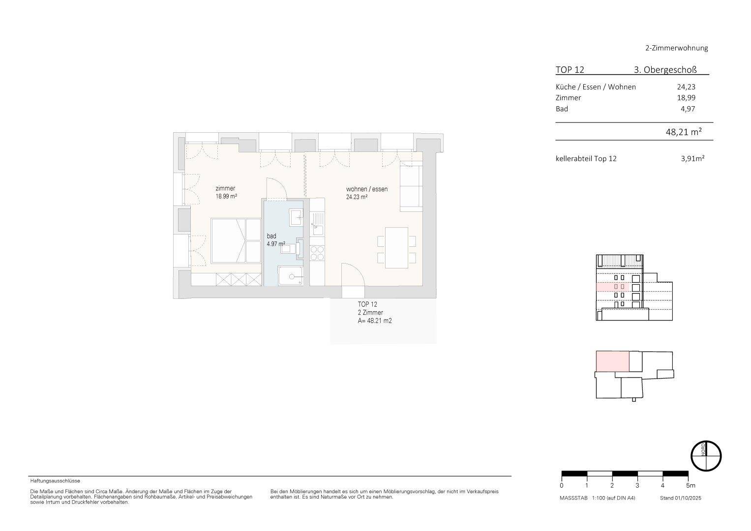 Grundriss einer 2-Zimmerwohnung im 3. Obergeschoss mit offenem Wohnbereich und Balkon.